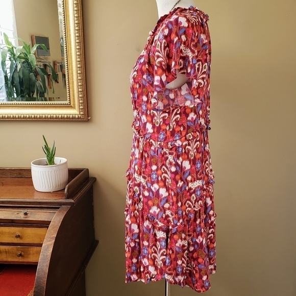 Anthropologie Robin Tiered Mini Dress Pink Ikat Flutter Sleeve Ruffle Size XS - Picture 6 of 14